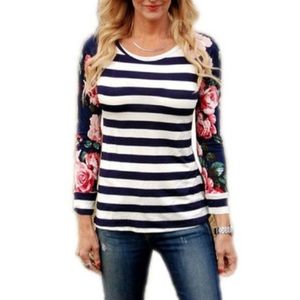 Women's Striped Floral Sleeve Top, Sz M